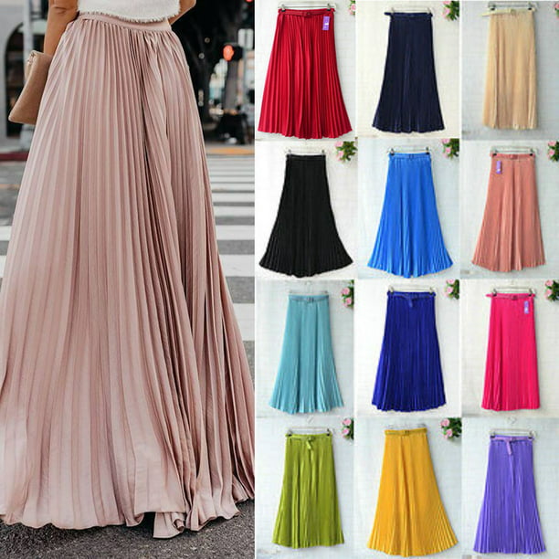 Women Fashion Retro Chiffon Elastic Waist Solid Pleated Midi Skirt New 